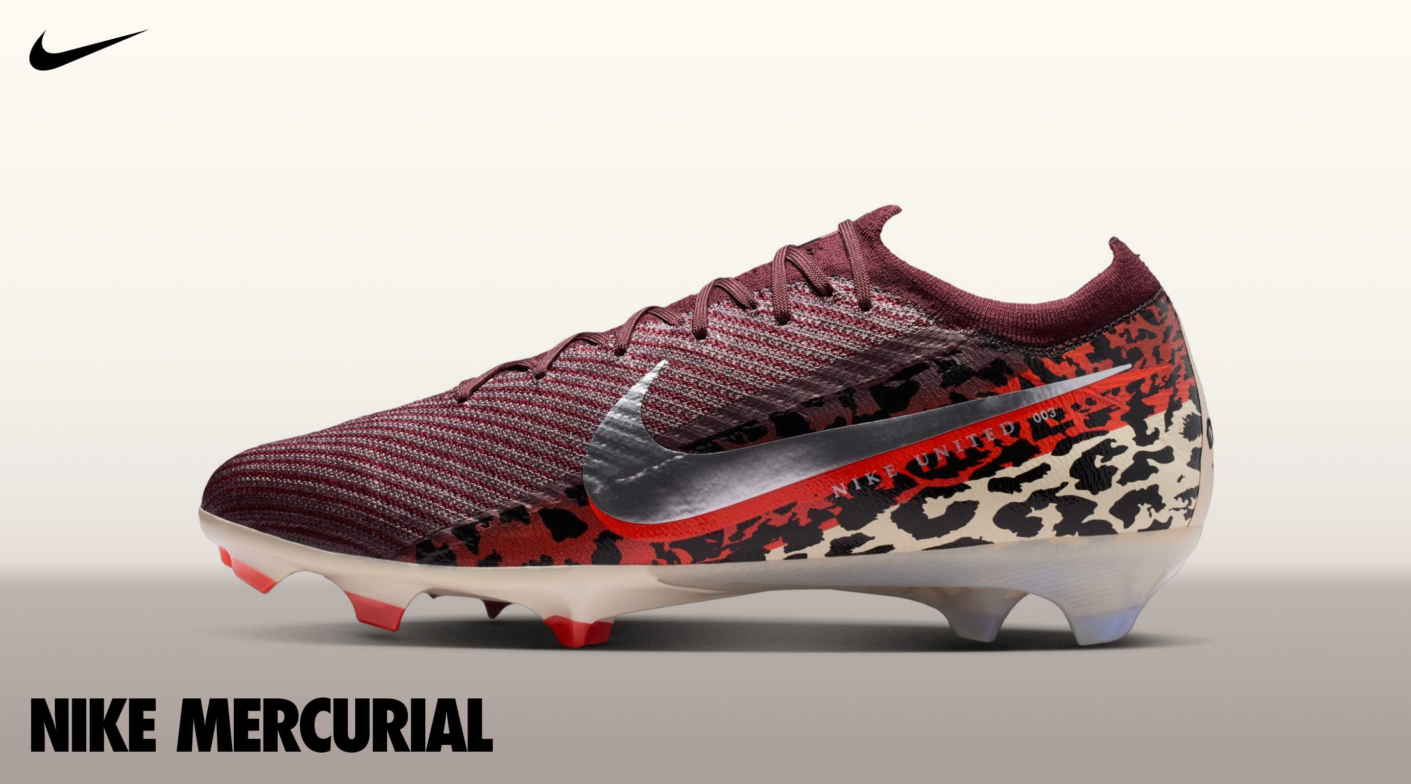 Nike Mercurial Vapor 16 Elite — United Pack colorway with red and cream leopard-print outsole. NIKE MERCURIAL.